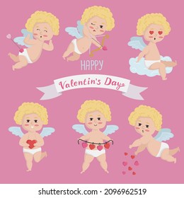Vektorgrafik einzelne Reihe von goldhaarigen Cupid in verschiedenen Posen und Glückwünsche. Valentinstag und Hochzeitskonzept cupid Bogenschießen, auf einer Wolke sitzen, Liebe geben