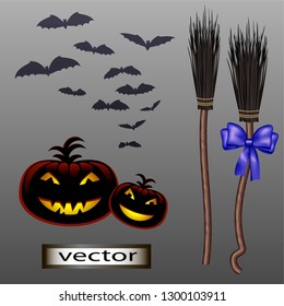 Vector illustration of isolated set of holiday Halloween evil pumpkin, bats and witch's broom to fly with a purple bow as a gift