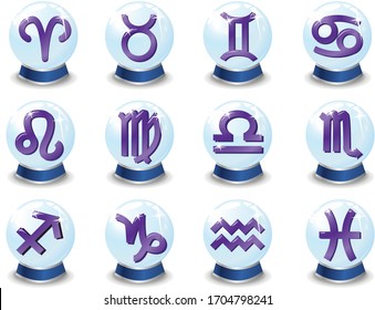 A vector illustration of an isolated set of magical crystal balls showing the horoscope zodiac symbols inside them