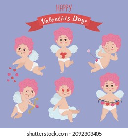 Ilustración vectorial aislado conjunto de cupido de pelo rosado en diferentes poses y felicitaciones. El día de San Valentín y el concepto de boda cupido tiro de arco, sentado en una nube, dando amor