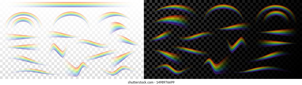 Vector illustration. Isolated set of rainbows in different shapes with transparency at the ends. Twisted, convex, curved and wavy forms. Colored design elements for use on white or  dark backgrounds