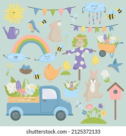 Vector illustration isolated set of spring elements truck with flowers, scarecrow, rainbow, flower bed. Spring concept in cartoon style.
