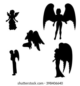 Vector illustration of a isolated silhouette of a black angel icon on a white background. 