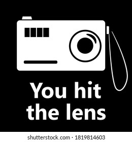 Vector illustration. Isolated silhouette, camera with text on a black background. Design element for poster, banner, clothes. Simple flat style.