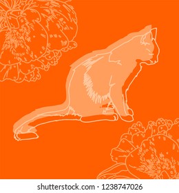 Vector illustration. Isolated silhouette cat sitting. Elegant and cute illustration. Vintage pattern with cats.