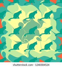 Vector illustration. Isolated silhouette cat sitting. Elegant and cute illustration. Vintage seamless pattern with cats.