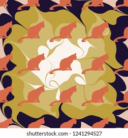 Vector illustration. Isolated silhouette cat sitting. Elegant and cute illustration. Vintage seamless pattern with cats.