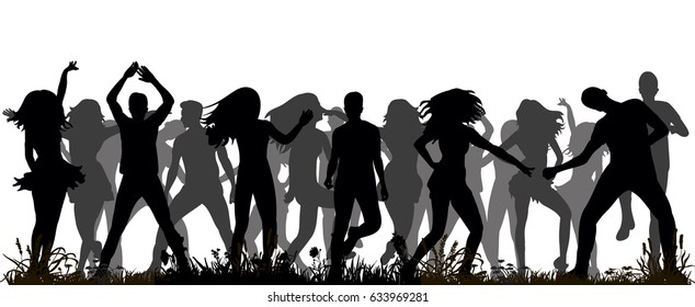 Vector, illustration isolated silhouette of a crowd of people dancing