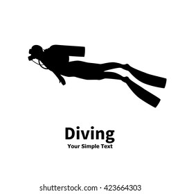 Vector illustration of a isolated silhouette of diver on a white background. Man underwater in a diving suit. Logo diving icon. Side view of the profile.