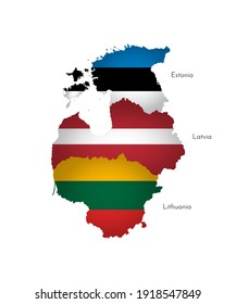 Vector illustration with isolated silhouettes of Baltic States on map (simplified shapes). National flags of Lithuania, Latvia, Estonia. White background and names of countries