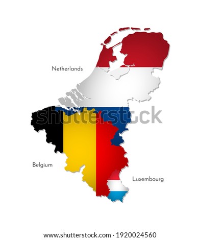 Vector illustration with isolated silhouettes of Benelux Union on map (simplified shape). National flags of Belgium, Netherlands, Luxembourg. White background and names of countries