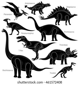 Vector illustration isolated silhouettes dinosaur. Ankylosaurus, Brontosaurus, Stegosaurus, triceratops, velociraptor, tyrannosaurus, Brachiosaurus, pterodactyl. Set Jurassic reptile. Black and white.