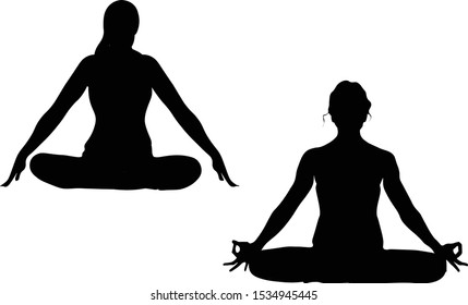 Vector illustration, isolated silhouettes of women sitting crossed legs, lotus pose, doing yoga exercises Mrigi Mudra, Jalandhara Bandha. Concept of sport, healthy lifestyle