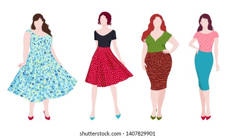 Vector illustration of isolated slim and fat fashion women wearing different colorful elegant clothing, skirt, shirt and dress with pattern