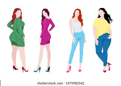 Vector Illustration Of Isolated Slim And Fat Fashion Women Wearing Different Colorful Fashionable Clothing, Dress With Pattern, Shirts And Blue Jeans