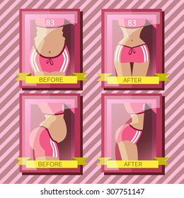 Vector illustration of isolated slim and fat fashion women. Fat and thin. Fat to slim women weight loss transformation front,  transformation front, Stock vector cartoon illustration.