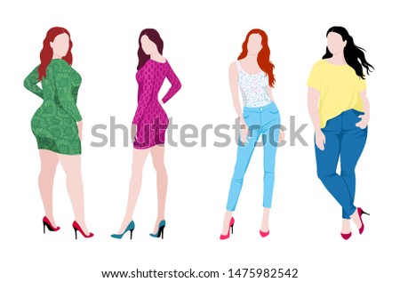 Vector illustration of isolated slim and fat fashion women wearing different colorful fashionable clothing, dress with pattern, shirts and blue jeans