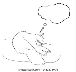 Vector illustration, isolated smiling daydreaming about something happy cat, dream cloud with empty space in black and white colors, outline original hand painted drawing