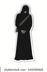 Vector illustration, isolated sticker of man wanderer in the brown poor monk robe with arms crossed, face hidden under a hood and a shoulder bag on white background