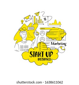 Vector illustration of isolated stock linear icons, symbols, words: marketing, start-up, everything for creating layouts for business areas, sites, pictograms, posts, news.