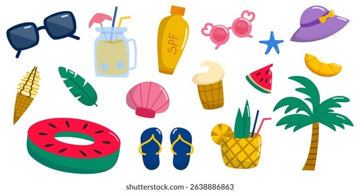 Vector illustration of isolated summer vacation elements including drinks, fruits, clothes, and beach accessories on a white background.
