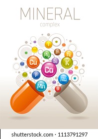 Vector illustration isolated supplement poster, 3d realistic vitamin mineral flying up . Calcium chlorine  copper iron iodine potassium magnesium manganese sodium phosphorus selenium zinc logo