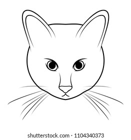 Vector illustration, isolated symmetrical head of domestic cat in black and white colors, outline hand painted drawing