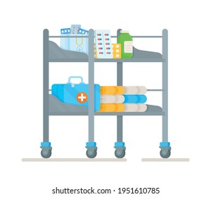 Vektorgrafik eines isolierten Tisches mit Tabletten, Medikamenten und Spritzen. Vorbereitung auf die Operation. Die medizinische Versorgung im Krankenhaus. 