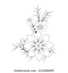 Ilustración vectorial, flor de tagetes aislados con hojas en colores blanco y negro, dibujo pintado a mano con contorno