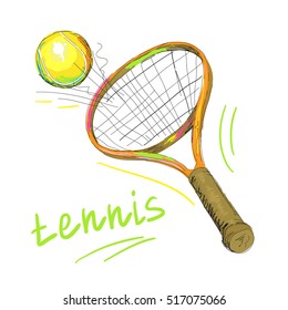Vector illustration of isolated tennis racket and ball, racquet closeup on white background.