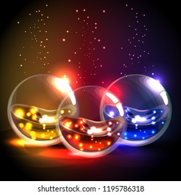 Vector illustration of isolated transparent multicolored balls with luminous liquid inside. Realistic glass magic item. Bright element for game design. 