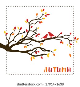 Vector illustration of isolated, tree branch with colorful leaves and two birds.