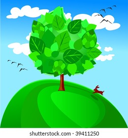Vector illustration of isolated trees and small hare running.