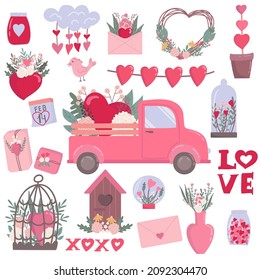 Vector illustration isolated Valentine's Day set of boho elements: valentine's truck,birdcage, birdhouse, letter, cloche flower, calendar. Bohemian elements for cards,invitations, clothing design
