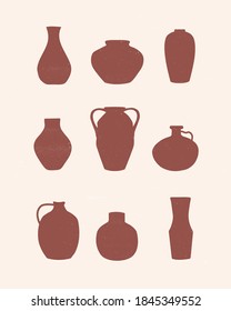 Vector illustration of isolated vase icons set. Greek vase set in flat style.  Monochrome terracotta modern pottery collection.