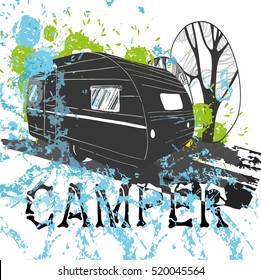 Vector illustration of isolated watercolor, spot and spray effect Camper, car Recreation transport, Vehicles Camper Vans Caravans Icons. Motor home for textile