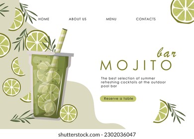 Vector illustration. Isolated vector. Website design, cafe bar, mojito, summer cocktails, restaurant, menu. Landing page, web interface, book a table, Drinks and food. Summer time.