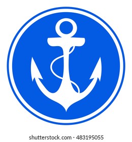 Vector illustration isolated white anchor with rope on a blue circle. Icon. ?an be used in printed materials like a logo, prin clothing. Unique works for Your business.
