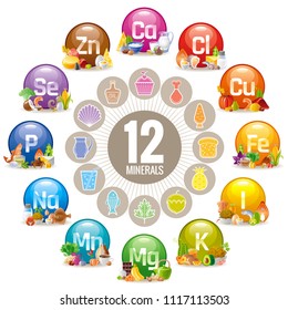 Vector illustration isolated white background. 3d realistic vitamin mineral supplement food icon set. Calcium chlorine copper iron iodine potassium magnesium manganese sodium phosphorus selenium zinc