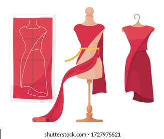 Vector-Abbildung isoliert auf weißem Hintergrund. Prozess der Zurichtung. Muster des eleganten Kleides mit markierten Feldern. Nähkleid, glamouröses Kleid am Mannequin. Fertiges modisches Tuch am Kleiderbügel