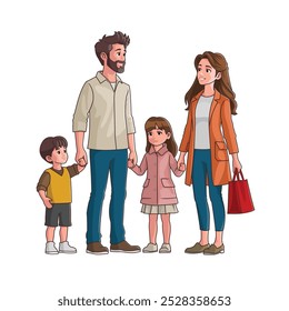 A vector illustration with isolated white background of a family consisting of a father, mother, son, and daughter, happily shopping and carrying shopping bags for the holidays.