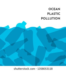Vektorgrafik mit isolierten, weißen Umrisssymbole von Plastikflaschen im Weltmeer. Plastikverschmutzung. Blauer Hintergrund.