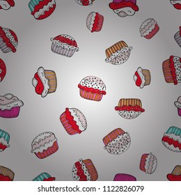 Vector illustration. Isolated in white, red and black colors. Seamless pattern with sweets - ice cream, cupcakes. Can use for birthday card, the children menu, packaging, textiles, fabrics, wallpaper.