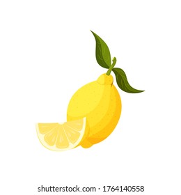 Vector illustration of an isolated whole lemon and its half. Yellow juicy fruit with shadows and highlights.