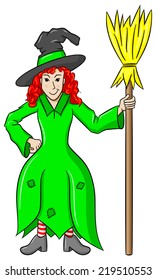 vector illustration of an isolated witch holding a broom on white background
