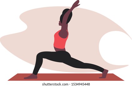 Vector illustration of isolated woman, stretches the entire body, standing in yoga warrior pose Asana Virabhadrasana. Concept of sport, healthy lifestyle