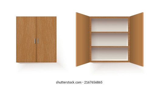 Vector illustration of isolated Wooden cupboard closed and opened