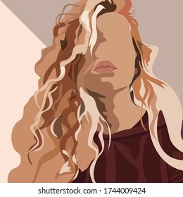 Ilustración vectorial de una joven aislada y hermosa mujer de pelo rizado con saltos de plumas. Retrato de moda