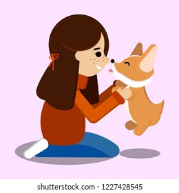 Vector illustration with isolated young girl in jeans and sweater, her pet welsh corgi puppy in cartoon flat style.