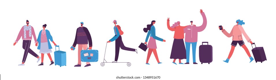 Vector illustration with isolated young man traveler in various activity with luggage and tourist equipment in flat design